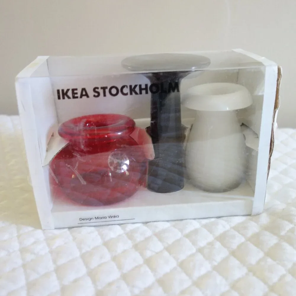 Vtg IKEA Stockholm – Set of 3 Glass Vases in original box – Red, White, Black
